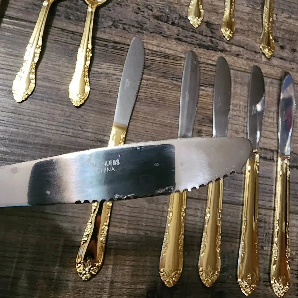 Gold Toned Flatware stainless china setting for 8 plus serving Utinsels X